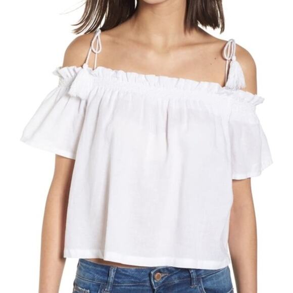 DL1961 Cornelia Cropped Top Womens XS White Off Shoulder Linen Blend Tasseled - Picture 1 of 10